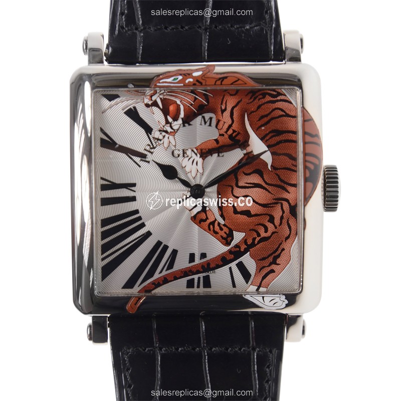 Franck Muller 6000 H SC TIG 2 - Auto 18kt White Gold - Silver Dial - Black Alligator Buckle - Luxury Replica MASTER SQUARE Watch