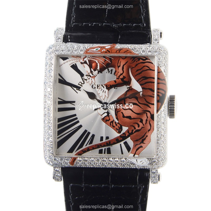 Franck Muller 6000 H SC TIG 2 D Replica - Automatic - 18kt White Gold - Diamond - Silver Dial - Black Alligator Strap