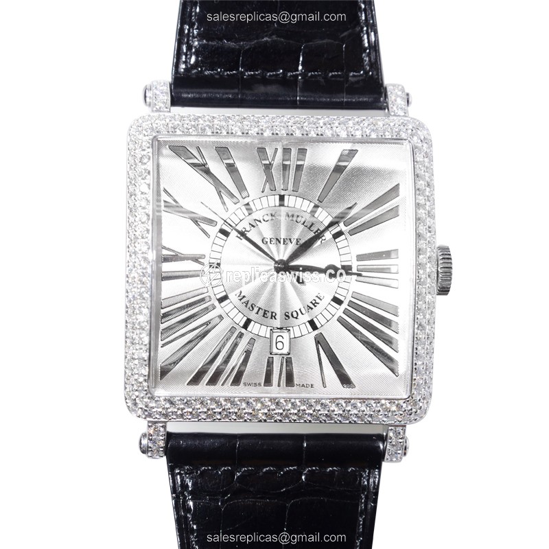 Franck Muller 6000 K SC DT D AC Replica - Automatic - Diamond Case - Silver Dial - Black Alligator Strap - Luxury Replica MASTER SQUARE Watch