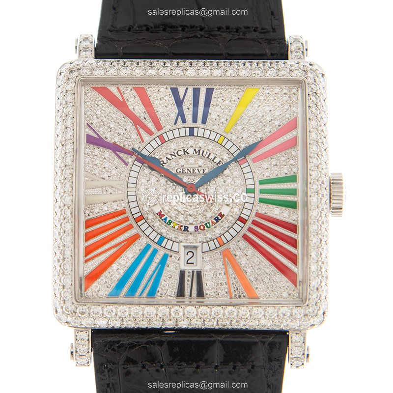 Franck Muller 6000 K SC DT D COL DRM Master Square - Auto - 18kt White Gold - Diamond - Silver Dial - Black Leather Strap