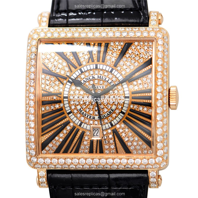 Franck Muller 6000 K SC DT R D CD Master Square - Auto 18kt Rose Gold - Diamond - Gold Dial - Black Alligator Strap