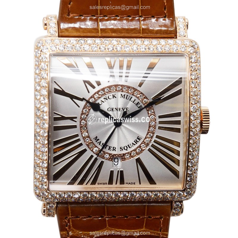 Franck Muller Master Square Replica - 18kt Rose Gold - Diamond Case - Silver Dial - Automatic