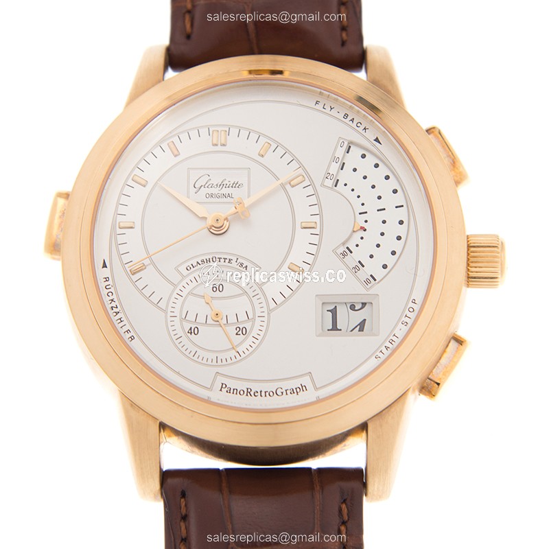 Glashutte 60-01-03-03-06 PANO Manual - 18kt Rose Gold - White Dial - Alligator Brown Strap - Luxury Replica PANO Watch