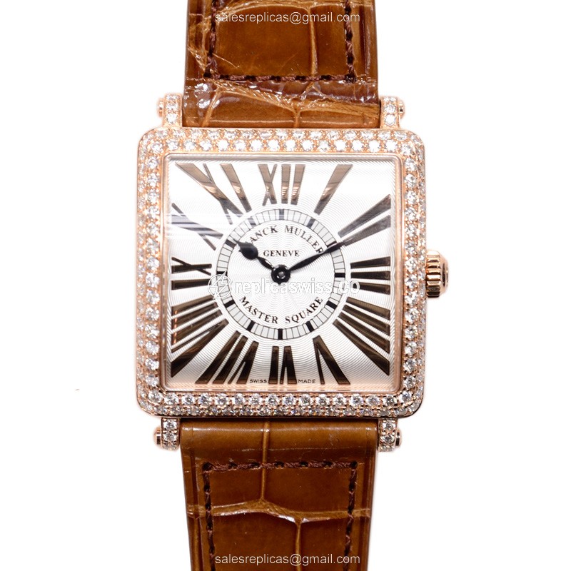 Franck Muller 6002 L QZ REL R D Master Square Quartz 18kt Rose Gold Diamonds Silver Dial Brown Leather Buckle - Luxury Replica MASTER SQUARE Watch