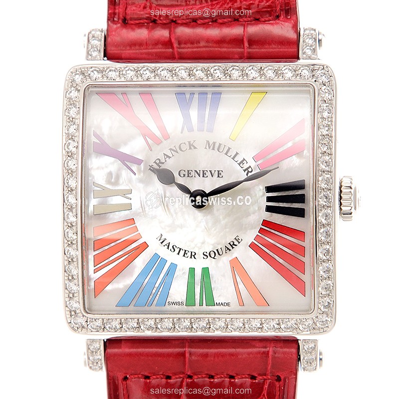 Franck Muller 6002 M B QZ COL DRM MOP R D 1R Quartz - Diamond Case - White Dial - Red Alligator Buckle