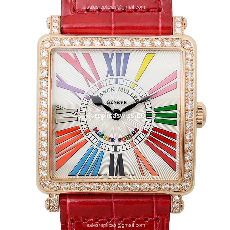 Franck Muller 6002 M B QZ COL DRM R D 1R - Quartz - 18kt Rose Gold Case - Diamonds - Silver Dial - Red Alligator Strap - Luxury Replica MASTER SQUARE Watch