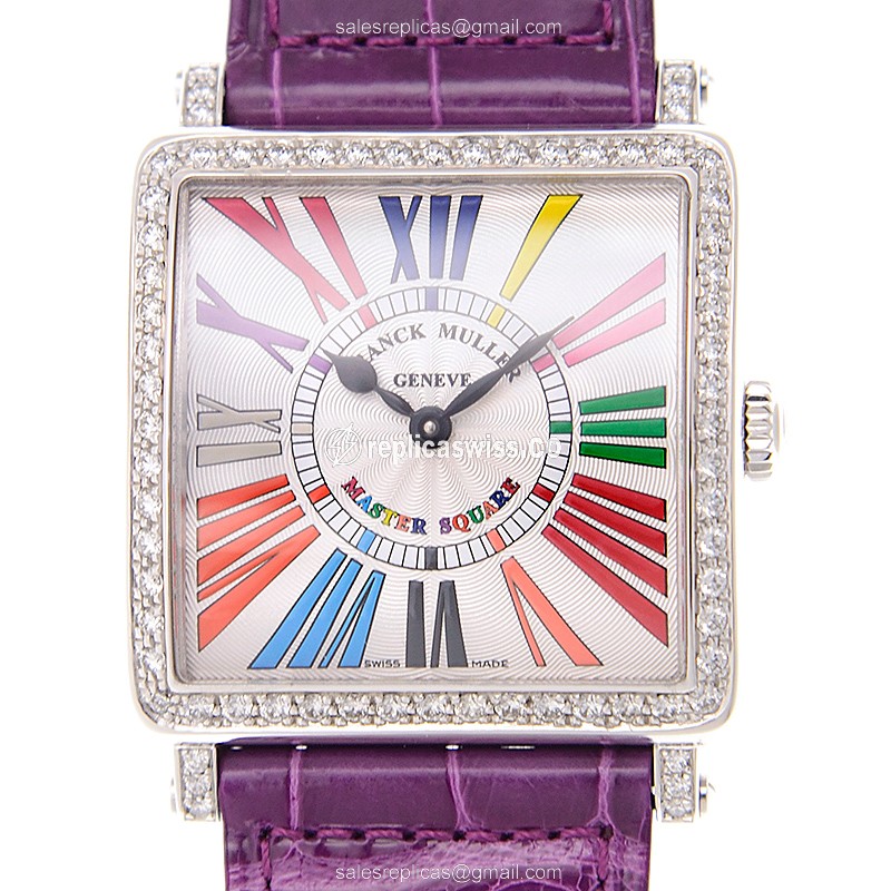 Franck Muller 6002 M B QZ COL DRM R D 1R Master Square - Quartz - 18kt White Gold - Diamond - White Dial, Alligator Purple Strap