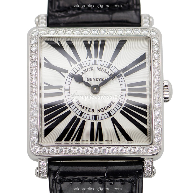 Franck Muller 6002 M B QZ R D 1R Quartz - Diamond Case - Silver Dial - Black Alligator Buckle - Luxury Replica MASTER SQUARE Watch