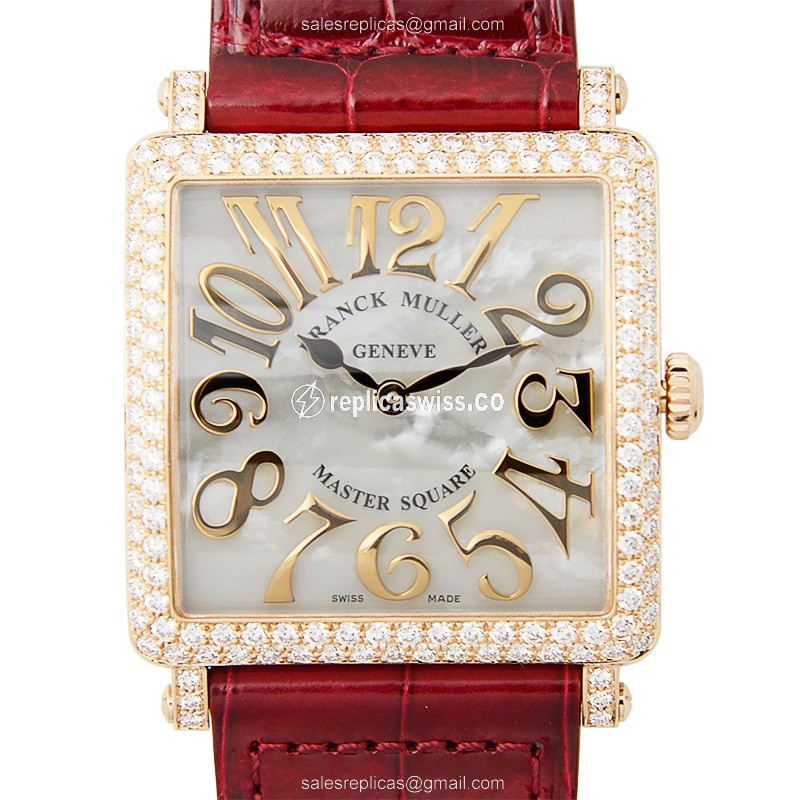 Franck Muller 6002 M B QZ REL MOP V D 5N Replica - Quartz - 18kt Rose Gold - Diamonds on White Dial, Red Alligator Strap