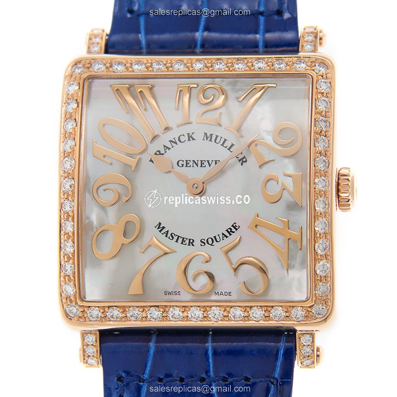 Franck Muller 6002 M B QZ REL MOP V D 1R Master Square - Quartz - 18kt Rose Gold - Diamond Dial - White - Blue Alligator Buckle