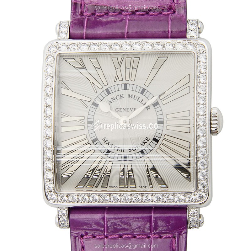 Franck Muller 6002 M B QZ REL R D 1R Replica - Quartz - Diamond Case - Silver Dial - Purple Alligator Strap