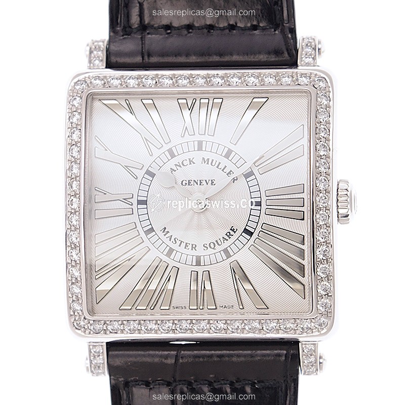 Franck Muller Master Square Replica - Automatic - White Gold - Diamond Accents - White Dial - Alligator Strap