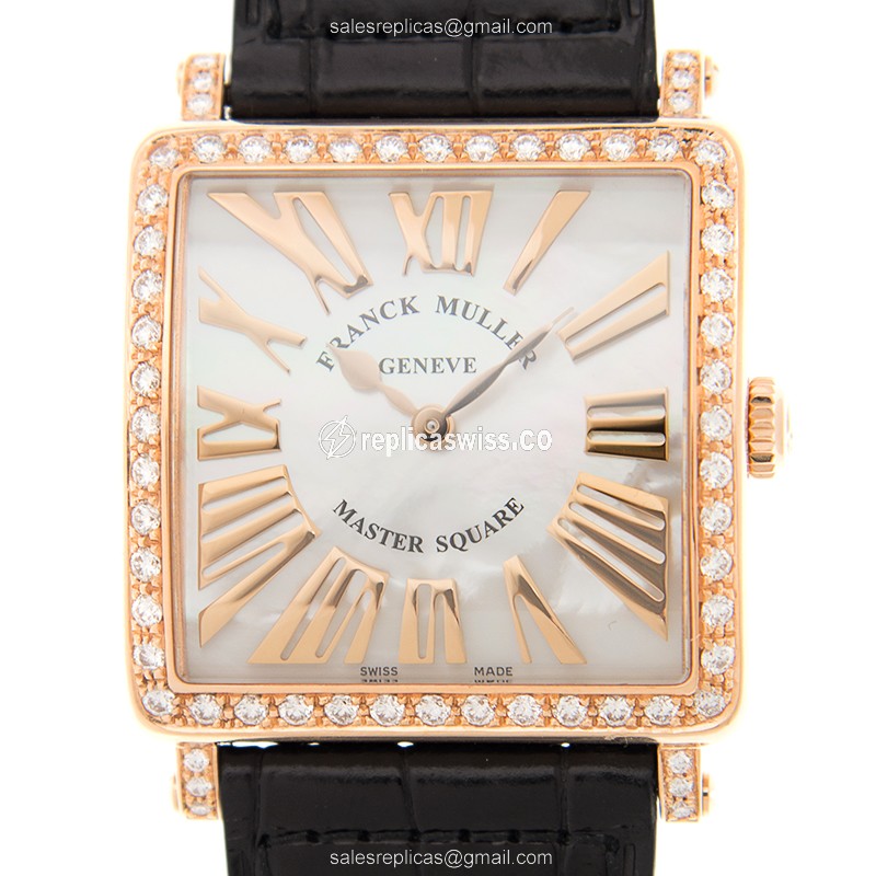 Franck Muller Master Square Replica - Quartz - 18kt Rose Gold - Diamond Bezel - White Dial
