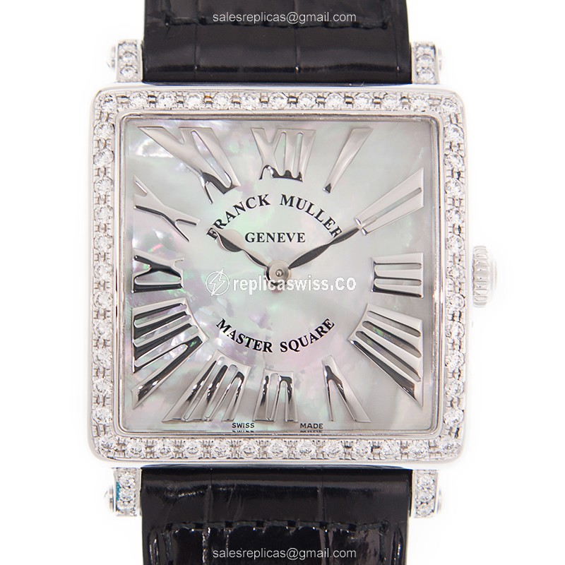 Franck Muller 6002 M B QZ REL R MOP D 1R AC Replica - Quartz - Diamond Case - White Dial - Leather Strap