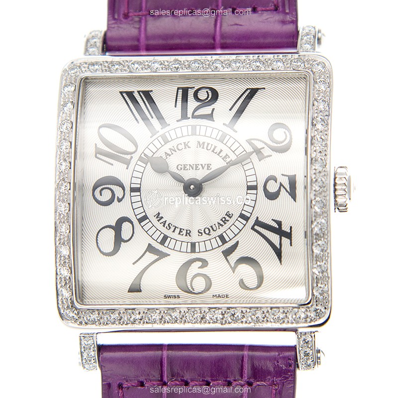 Franck Muller Master Square Quartz - Silver Dial - Diamond Case - Purple Alligator Strap - Buckle Clasp - Luxury Replica MASTER SQUARE Watch
