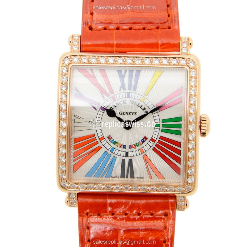 Franck Muller 6002 QZ Replica - Quartz - 18kt Rose Gold Case - Silver Dial - Leather Orange Strap