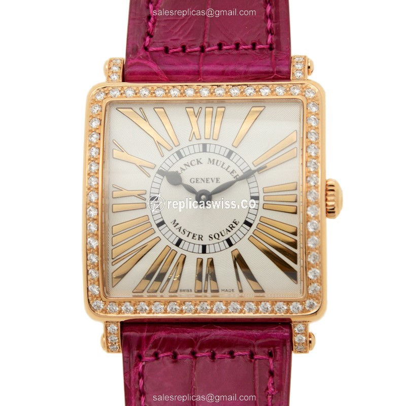 Franck Muller Master Square Replica - Quartz - 18kt Rose Gold Case - Silver Dial - Purple Leather Strap - Buckle Clasp