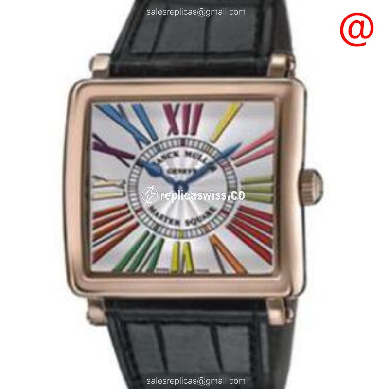 Franck Muller 6002 M QZ COL DR BL5N Master Square Replica - Quartz - 18kt Rose Gold Case - Silver Dial - Blue Leather Strap