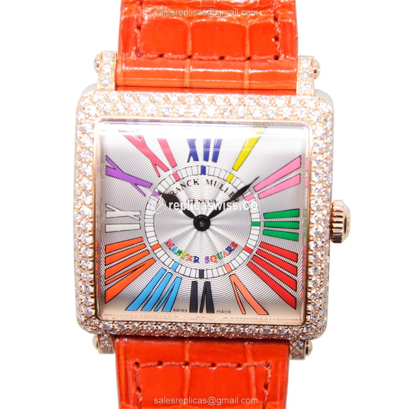 Franck Muller 6002 M QZ COL DRM R D Master Square - Quartz - 18kt Rose Gold - Diamonds - Silver Dial - Orange Alligator Strap