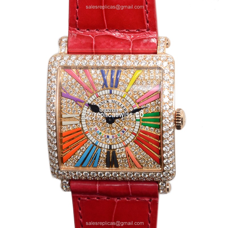 Franck Muller Master Square Replica - Quartz - 18kt Rose Gold - Diamond - Gold Dial - Alligator Red Strap