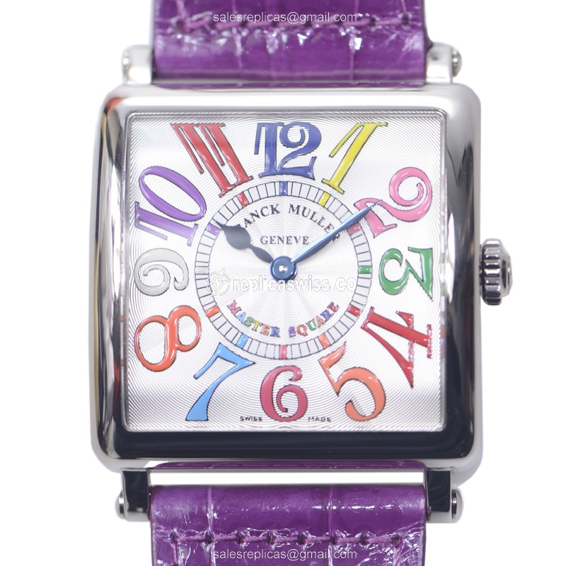 Franck Muller 6002 Master Square Replica - Quartz - 18kt White Gold - Silver Dial on Purple Alligator Strap