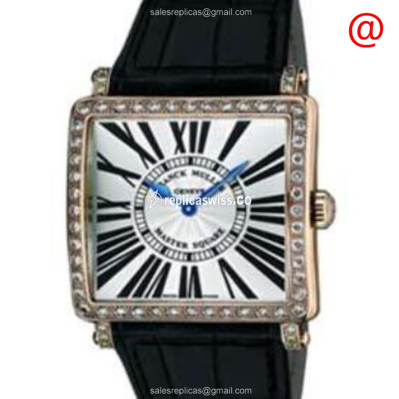 Franck Muller Master Square Replica - Quartz - 18kt Rose Gold - Diamond Dial - Silver Case - Black Leather Strap - Luxury Replica MASTER SQUARE Watch