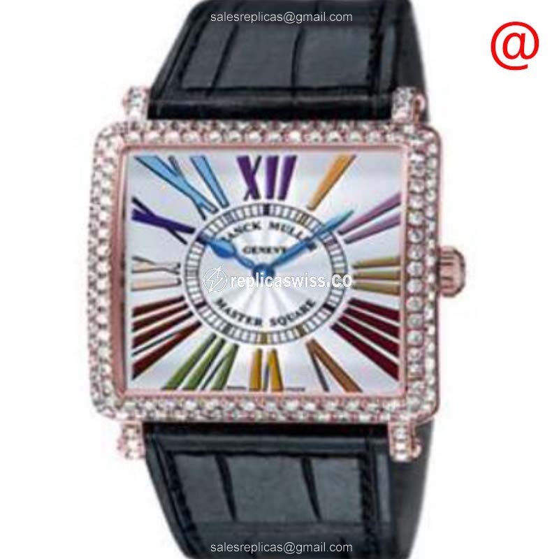 Franck Muller 6002 M QZ D COL DR BL5N Replica - Quartz - Rose Gold Case - Diamonds - Silver Dial - Blue Leather Strap