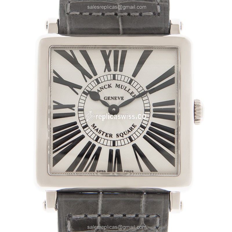 Franck Muller 6002 M QZ R OG-GREY Master Square Replica - Quartz - 18kt Gold Case - Silver Dial - Grey Alligator Strap