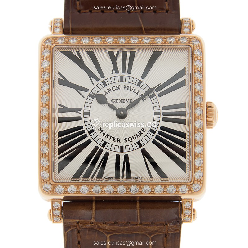 Franck Muller Master Square Quartz 18kt Rose Gold - Diamonds - Silver Dial - Brown Alligator Buckle