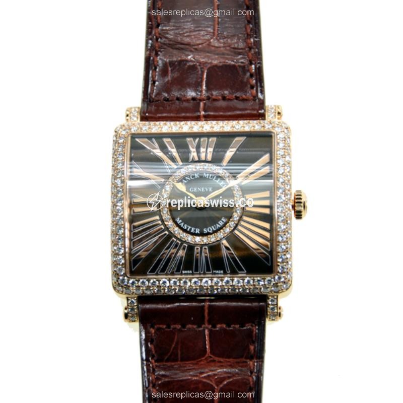 Franck Muller Master Square Replica - Quartz - 18kt Rose Gold - Diamond Accents - Brown Dial - Alligator Strap - Buckle Clasp
