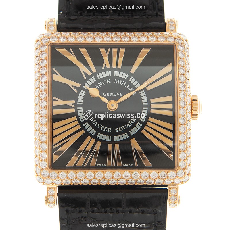 Franck Muller 6002 M QZ REL D-BK Quartz 18kt Rose Gold Diamonds Alligator Black Buckle - Luxury Replica MASTER SQUARE Watch