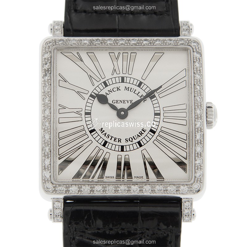 Franck Muller 6002 M QZ REL R D 1R - Quartz - 18kt White Gold - Diamond - Brown Leather - Buckle - Luxury Replica MASTER SQUARE Watch