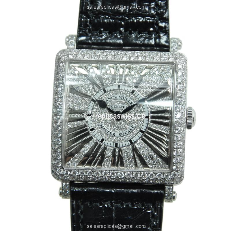 Franck Muller 6002 M QZ REL R D CD - Quartz - 18kt White Gold - Diamond - Silver Dial - Black Alligator Buckle - Luxury Replica MASTER SQUARE Watch