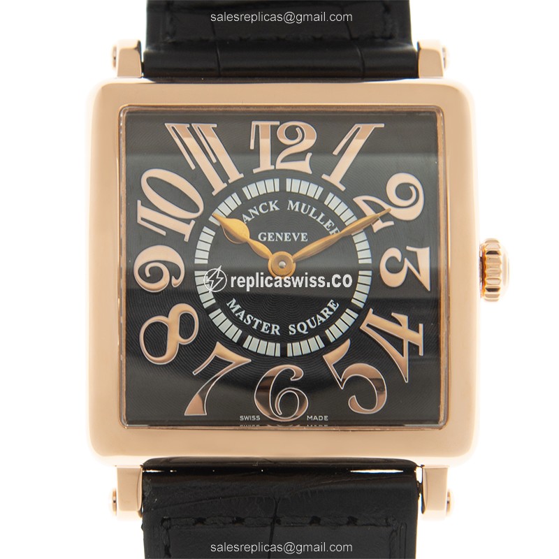Franck Muller Master Square Replica - Quartz - 18kt Rose Gold - Black Dial on Leather Strap