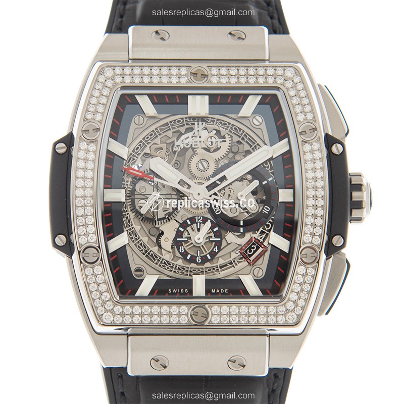 Hublot BIG BANG Replica - Automatic - Titanium - Diamond Bezel - Silver Dial - Black Alligator Strap