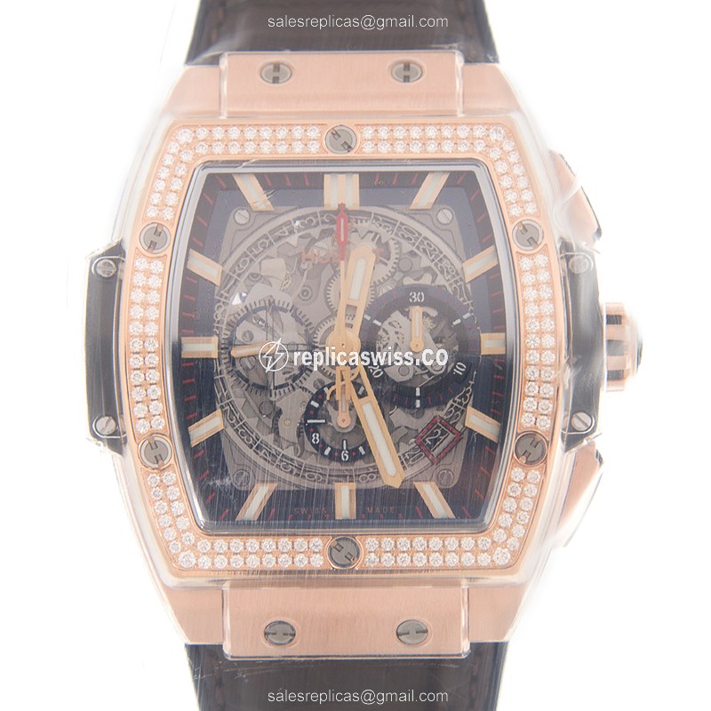 Hublot BIG BANG Replica - Automatic - 18kt Rose Gold - Diamonds - Gray Dial - Brown Alligator Strap