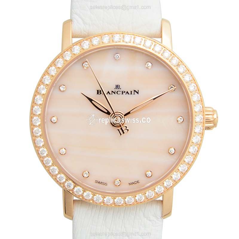 Blancpain 6102-2954-95A Replica - Auto - 18kt Rose Gold & Diamond - Pink Dial - Leather White Strap