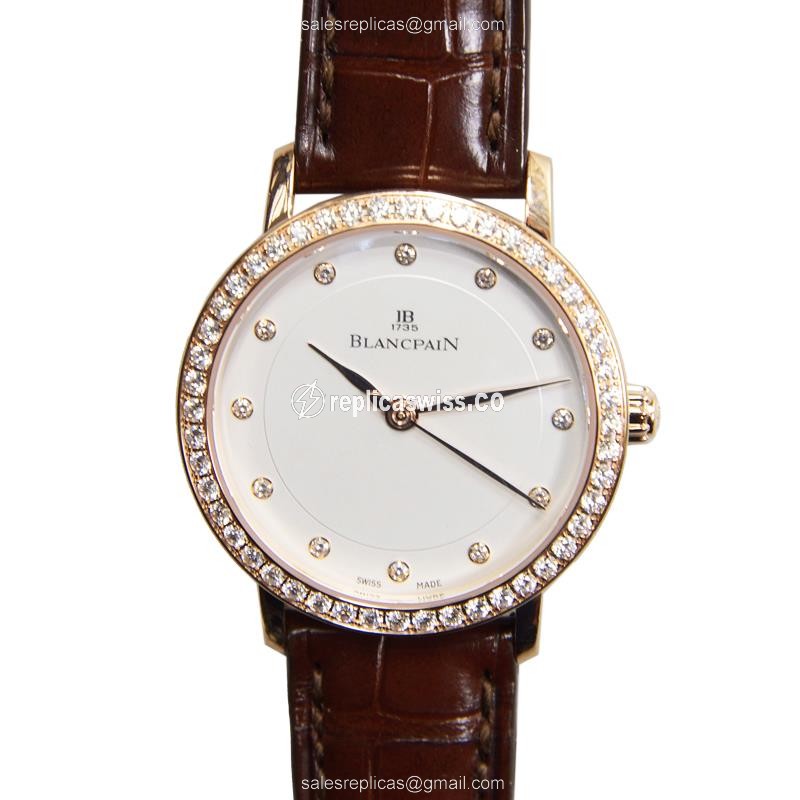 Blancpain Villeret Replica - Automatic - 18kt Rose Gold - Diamond - White Dial - Brown Alligator Strap - Luxury Replica VILLERET Watch