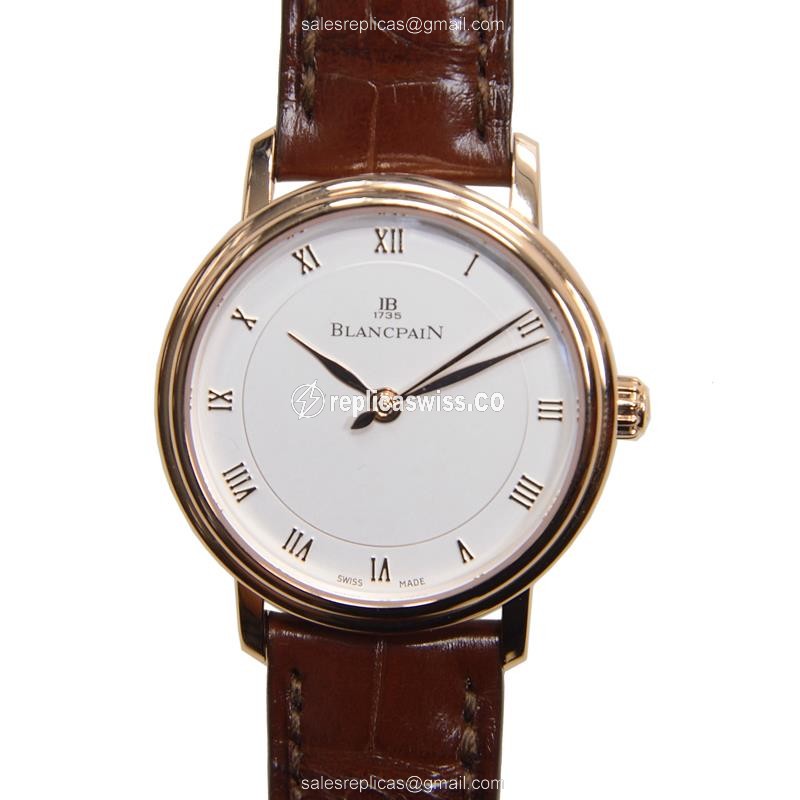 Blancpain Villeret 18kt Rose Gold Auto - White Dial, Brown Alligator - Buckle Clasp - Luxury Replica VILLERET Watch