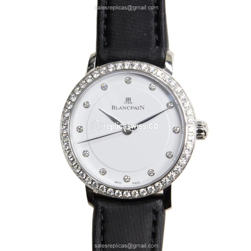 Blancpain Villeret Replica - Automatic - Stainless Steel - Diamond bezel - White Dial - Black Leather Strap - Buckle Clasp - Premium Replica VILLERET Replica Watch - Front View