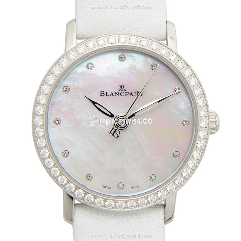 Blancpain 6102-4654-95A Replica - Automatic - Stainless Steel & Diamond - White Dial - Leather Strap - Buckle Clasp