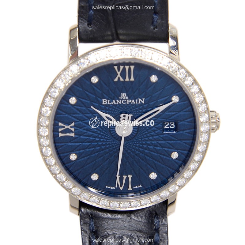 Blancpain 6102C-1929-55A Replica - Automatic - White Gold - Blue Dial - Diamond - Alligator Blue Buckle