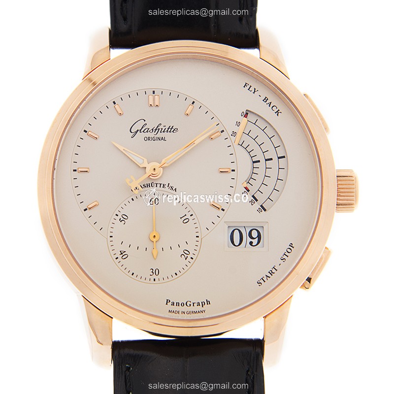 Glashutte PANO Manual Wind 18kt Rose Gold - White Dial - Black Alligator Strap - Luxury Replica PANO Watch