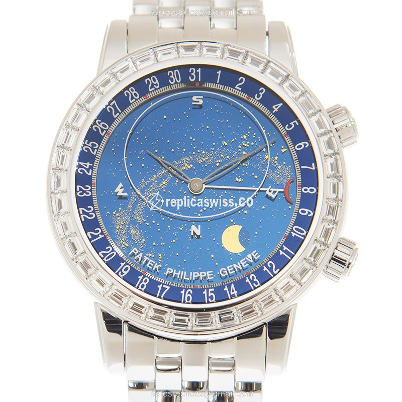 Patek Philippe Celestial Replica - Automatic - 18kt White Gold - Diamond Blue Dial - Silver Clasp & Gold Strap