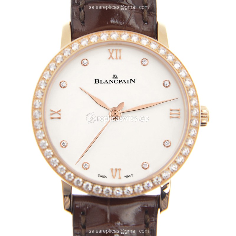 Blancpain 6104-2987-55A - Auto - 18kt Rose Gold & Diamonds - White Dial - Red Alligator Buckle