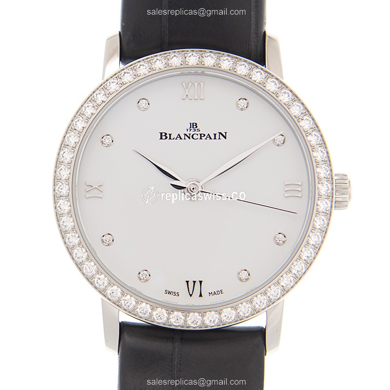 Blancpain 6104-4628-55A Replica - Auto - Diamond Case - White Dial - Black Leather Strap