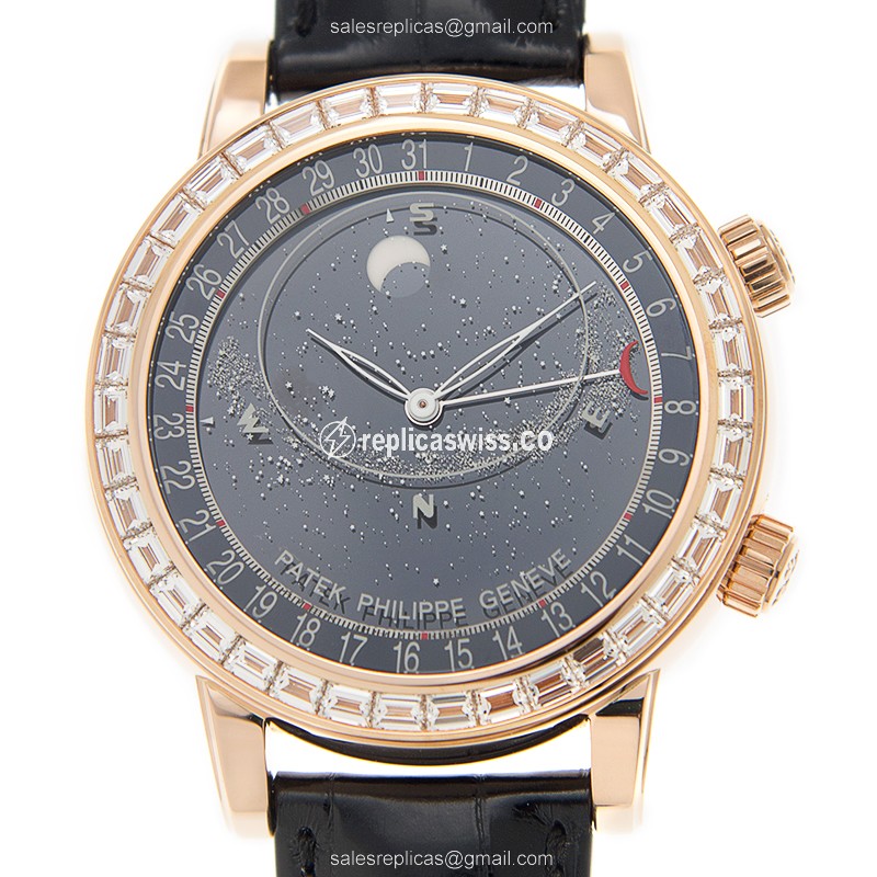 Patek Philippe 6104R-001 Grand Complications Replica - Automatic - Rose Gold - Diamond Dial - Black Alligator Strap