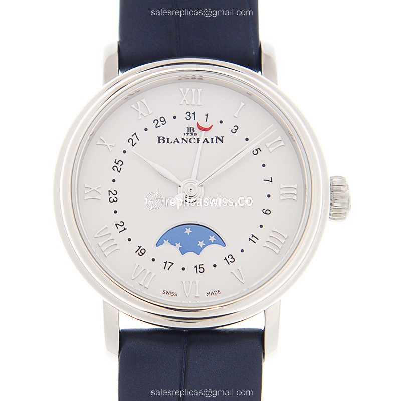 Blancpain Villeret Replica - Automatic - Stainless Steel - White Dial - Blue Alligator Buckle - Luxury Replica VILLERET Watch