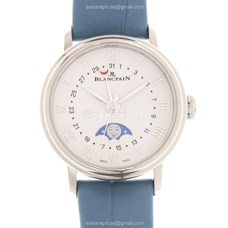 Blancpain Villeret Automatic - Steel Case - White Dial - Blue Leather Strap - Buckle Clasp - Luxury Blancpain Replica Watch