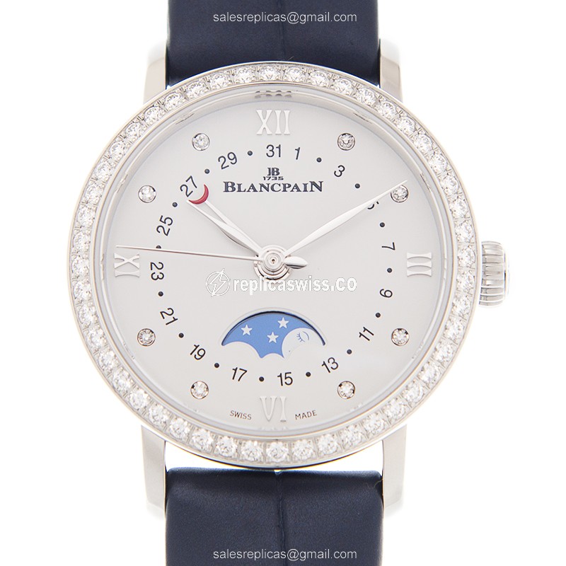 Blancpain Villeret Replica - Automatic - Stainless Steel - White Dial - Diamonds - Blue Alligator Strap - Luxury Replica VILLERET Watch
